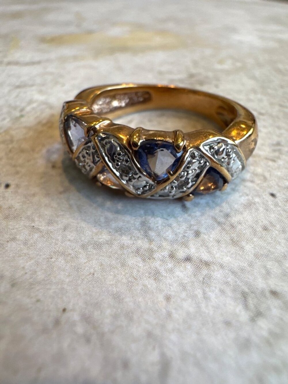 Gold Tone Cocktail Formal Ring Band Tanzanite Stones Size 6 3/4